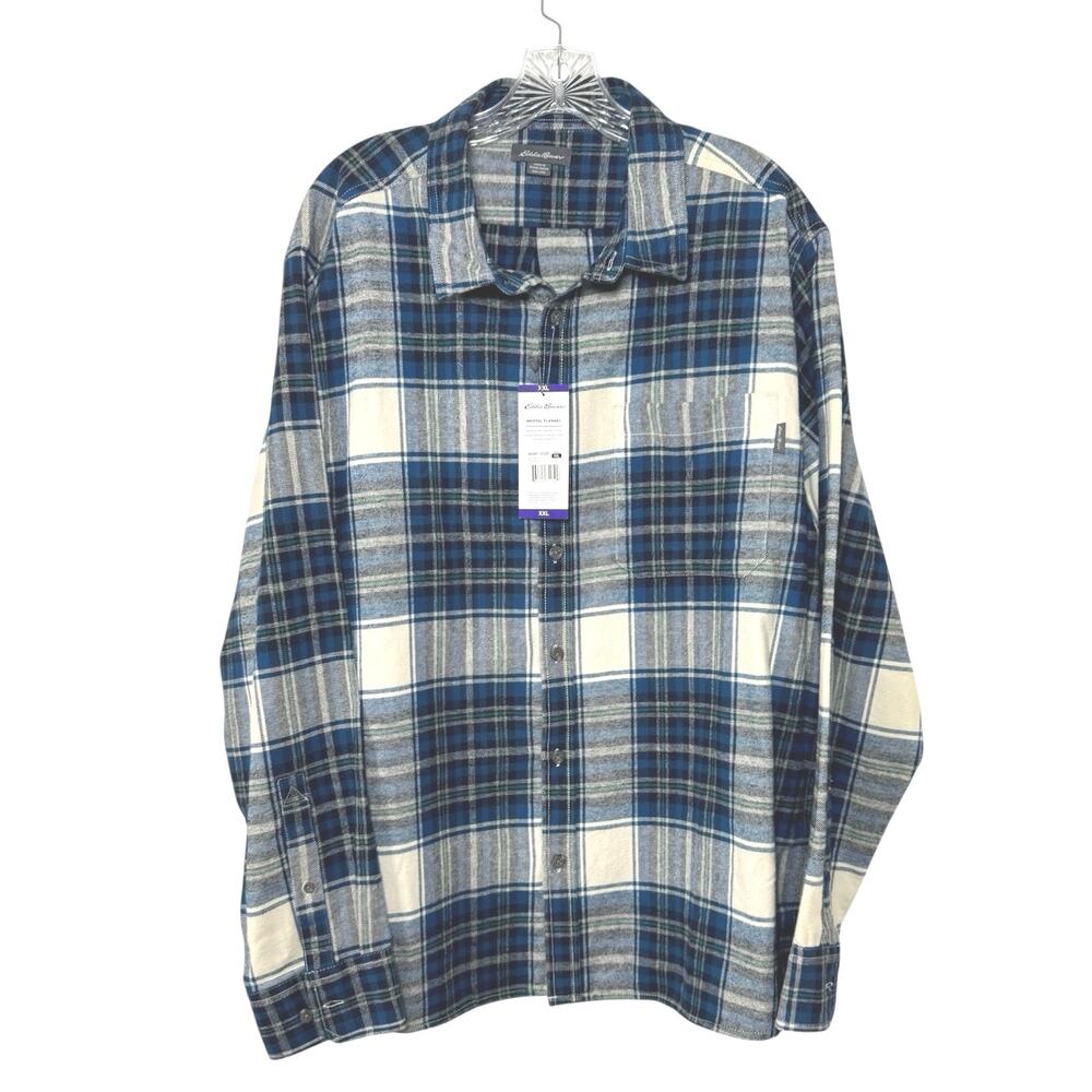 Eddie Bauer Bristol Blue Plaid Double Brushed Flannel Relaxed Fit Shirt Size XXL